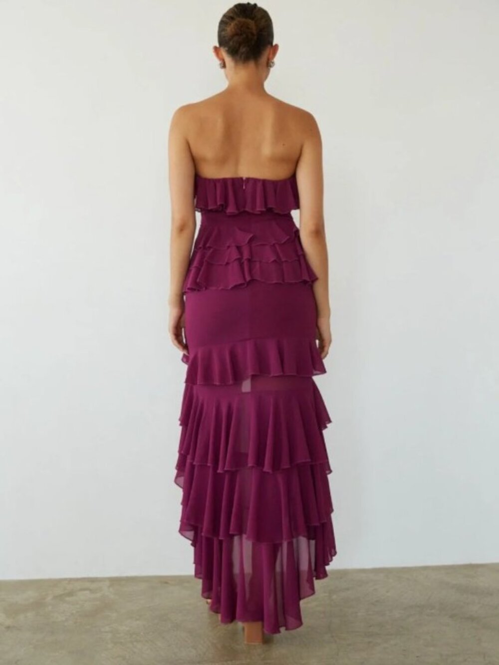 American Threads Clementine High Low Ruffle Maxi Dress in Berry - Picture 2 of 8